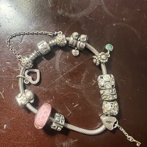 Pandora Silver Bracelet with Pink and Green Charms